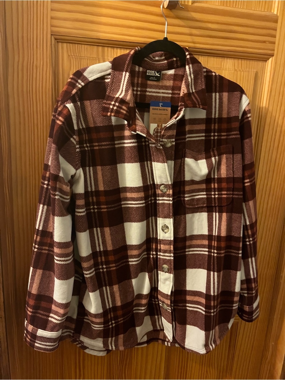 Eddie Bauer Maroon and White Plaid Button-Down Shirt